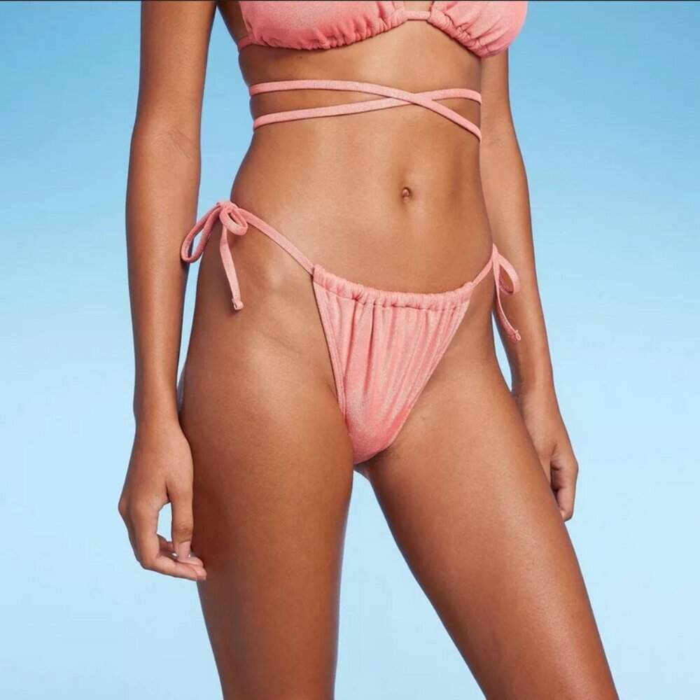 Women's Side-Tie Adjustable High Leg Bikini Bottom - Wild Fable Pink Lurex S